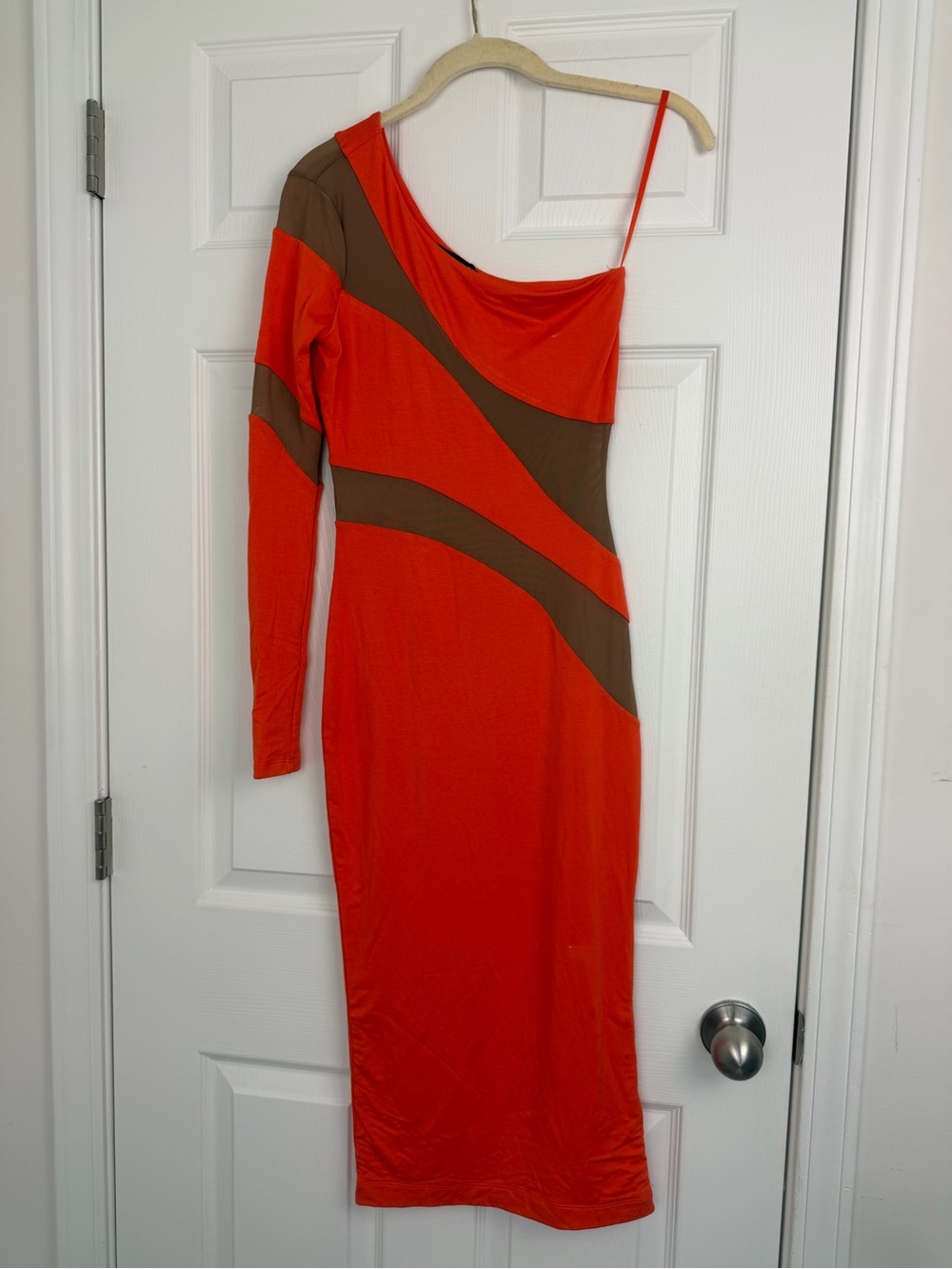 JLUXLABEL Orange One-Shoulder Bodycon Dress with Brown Cutouts - Picture 2 of 5